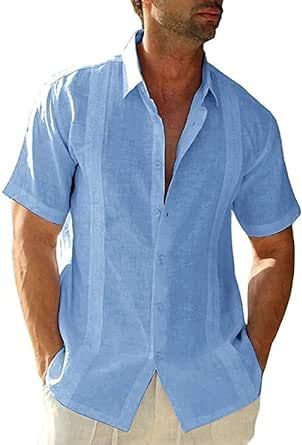 JEKAOYI Mens Casual Linen Cotton Button Down Short Sleeve Shirts Cuban Camp Guayabera Beach Tops