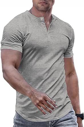 JMIERR Mens Muscle Slim Henley Shirts Crewneck Longline T-Shirt Tees with Button