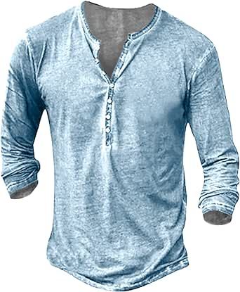 Mens Distressed Henley Shirts Retro Long Sleeve Tee Shirts Casual Button Down Washed T-Shirts for Men