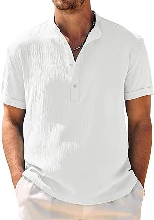 COOFANDY Men's Casual Henley Shirt Band Collar Short Sleeve Shirt Summer Beach Hippie Shirt
