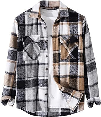 ZAFUL Mens Plaid Shirt,Long Sleeves,Classic Flannel Shirt Button Down Shirt Jacket Tops
