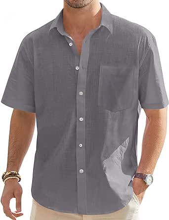 J.VER Men's Cotton Linen Short Sleeve Shirts Casual Lightweight Button Down Shirt Beach Summer Tops with Pocket