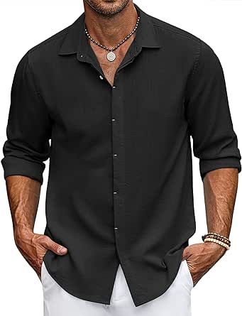 COOFANDY Men's Linen Shirt Long Sleeve Beach Button Up Shirt Casual Shirt for Men Summer Wedding Shirt