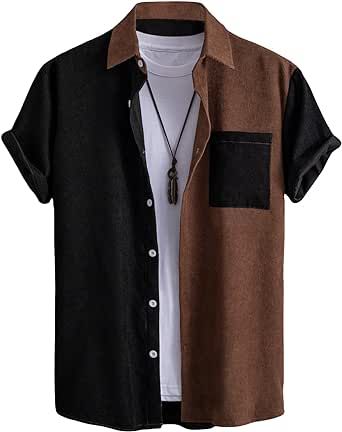 Milumia Men's Casual Button Up Shirt Pocket Short Sleeve Colorblock Collar Blouse Tops
