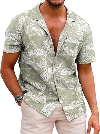 COOFANDY Men's Hawaiian Floral Cotton Linen Button Down Tropical Holiday Beach Shirts